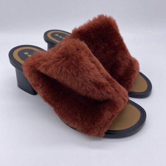 Zara Faux Fur Block Heel Mules Womens Size 38 Slip On Open Toe Sandals Burnt Red - Picture 2 of 12